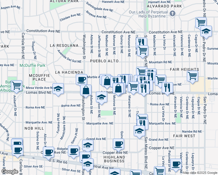 map of restaurants, bars, coffee shops, grocery stores, and more near 606 Madison Street Northeast in Albuquerque