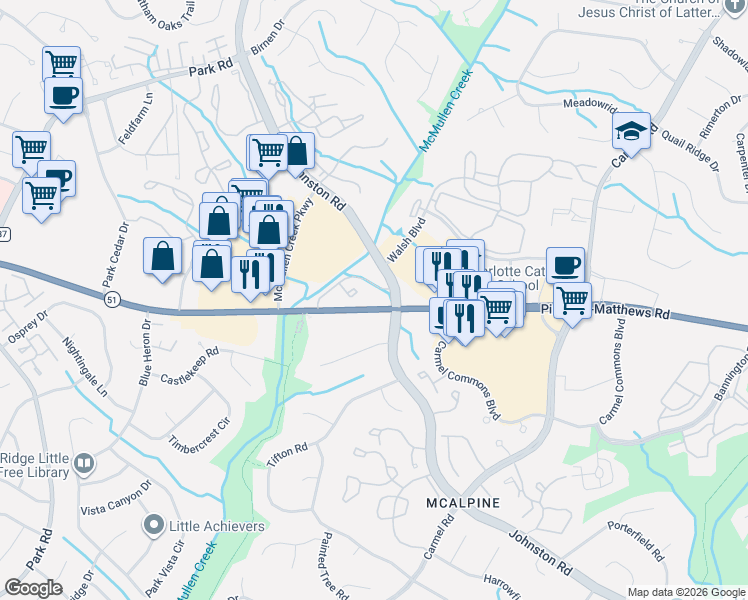 map of restaurants, bars, coffee shops, grocery stores, and more near 8039 Charter Oak Lane in Charlotte