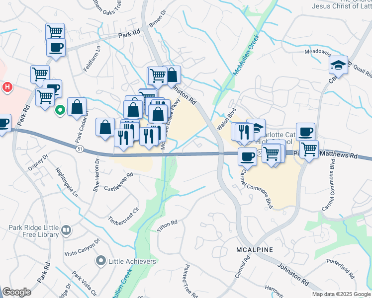 map of restaurants, bars, coffee shops, grocery stores, and more near 8087 Charter Oak Lane in Charlotte