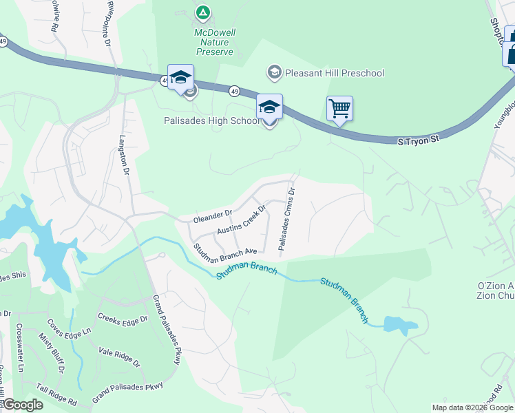 map of restaurants, bars, coffee shops, grocery stores, and more near 17504 Austins Creek Drive in Charlotte