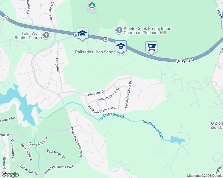 map of restaurants, bars, coffee shops, grocery stores, and more near 15320 Oleander Drive in Charlotte