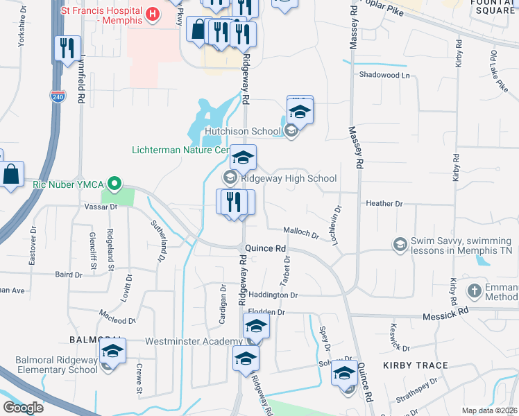 map of restaurants, bars, coffee shops, grocery stores, and more near 2121 Abergeldie Drive in Memphis