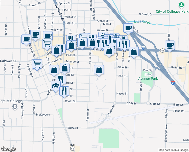 map of restaurants, bars, coffee shops, grocery stores, and more near 415 2nd Street in Conway