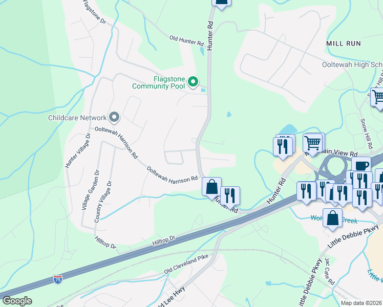 map of restaurants, bars, coffee shops, grocery stores, and more near 8618 Hunter Woods Drive in Ooltewah
