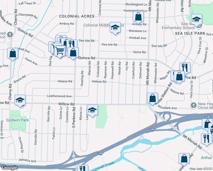 map of restaurants, bars, coffee shops, grocery stores, and more near 1598 Raymore Road in Memphis