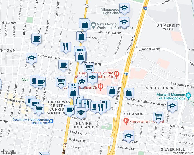 map of restaurants, bars, coffee shops, grocery stores, and more near 511 Roma Avenue Northeast in Albuquerque
