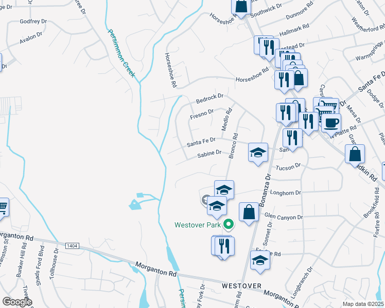 map of restaurants, bars, coffee shops, grocery stores, and more near 6140 Sabine Drive in Fayetteville