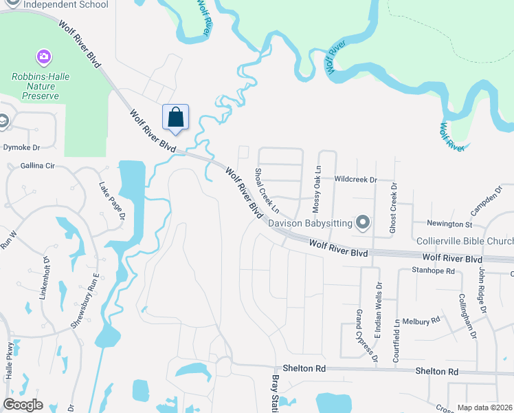 map of restaurants, bars, coffee shops, grocery stores, and more near Wolf River Boulevard in Collierville