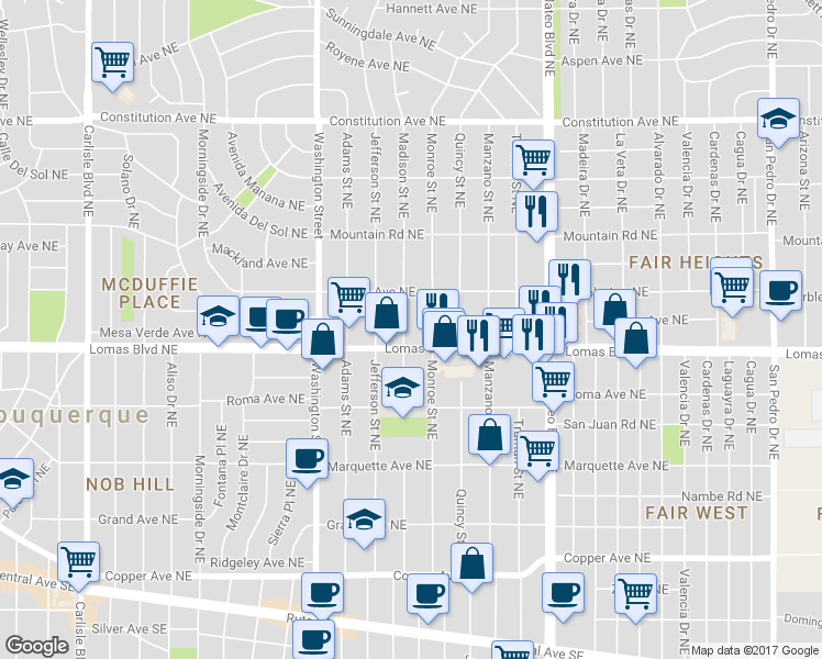 map of restaurants, bars, coffee shops, grocery stores, and more near 606 Madison Street Northeast in Albuquerque