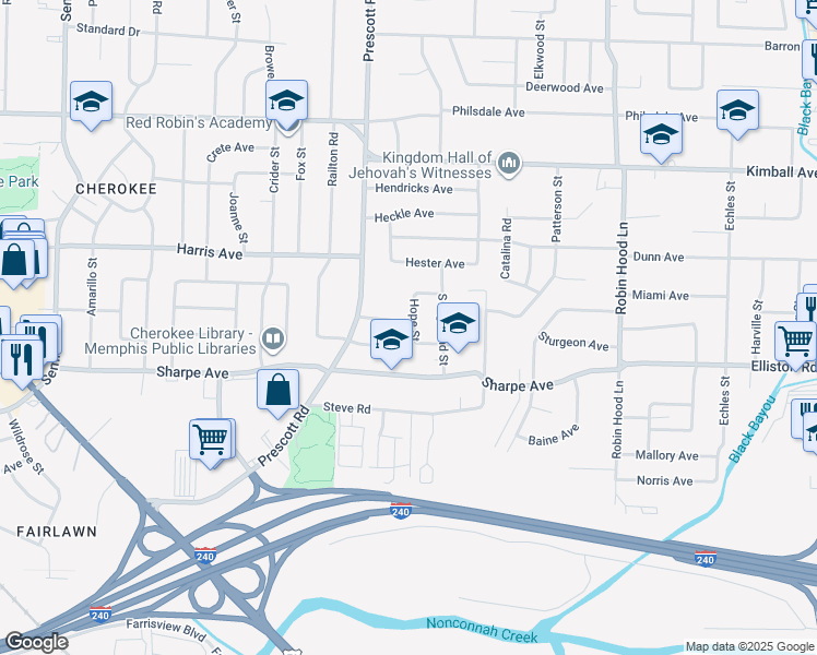 map of restaurants, bars, coffee shops, grocery stores, and more near 1585 Hope Street in Memphis