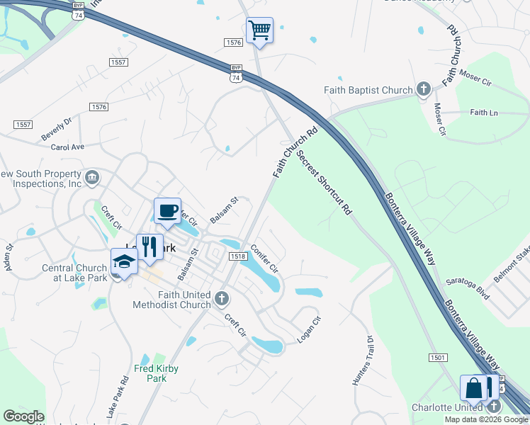 map of restaurants, bars, coffee shops, grocery stores, and more near 3920 Faith Church Road in Indian Trail