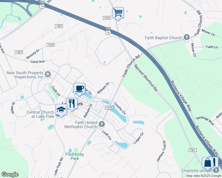map of restaurants, bars, coffee shops, grocery stores, and more near 6002 Amber Court in Indian Trail