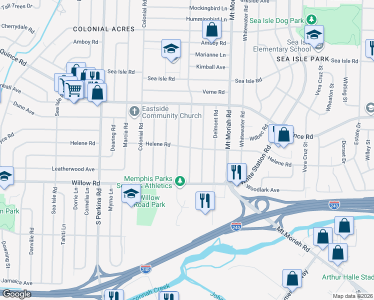 map of restaurants, bars, coffee shops, grocery stores, and more near 1601 Ivy Road in Memphis