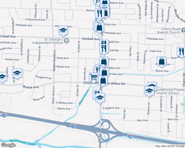 map of restaurants, bars, coffee shops, grocery stores, and more near 1601 Stribling Street in Memphis