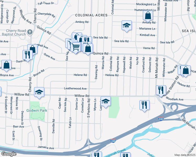 map of restaurants, bars, coffee shops, grocery stores, and more near 1598 Dearing Road in Memphis