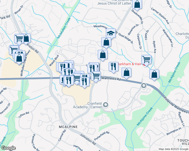map of restaurants, bars, coffee shops, grocery stores, and more near 7510 Pineville-Matthews Road in Charlotte