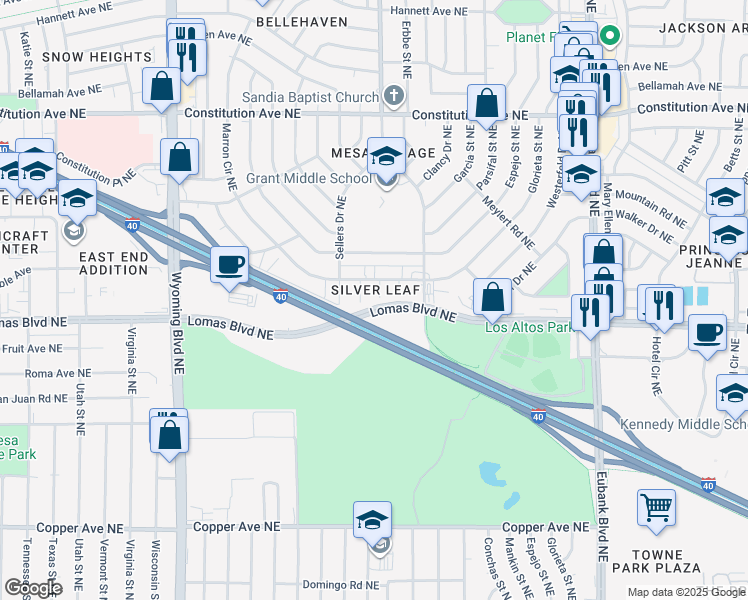 map of restaurants, bars, coffee shops, grocery stores, and more near 901 Tansion Court Northeast in Albuquerque