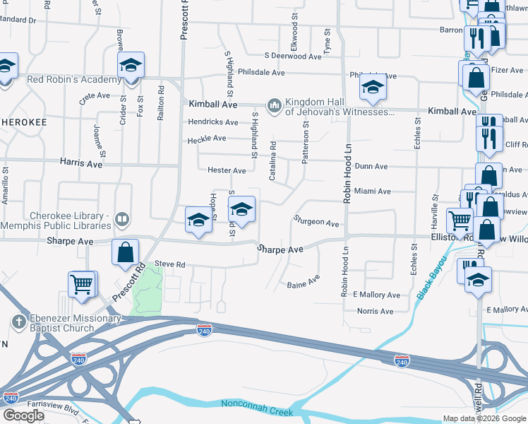map of restaurants, bars, coffee shops, grocery stores, and more near 1596 Ellsworth Street in Memphis