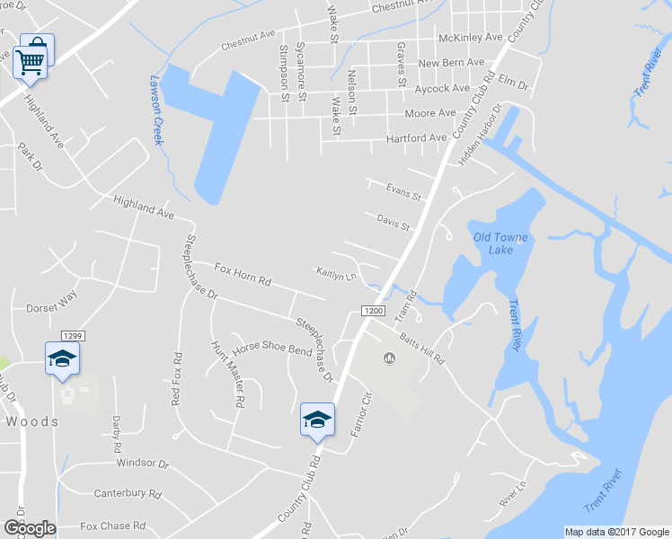 map of restaurants, bars, coffee shops, grocery stores, and more near 108 Kaitlyn Lane in New Bern