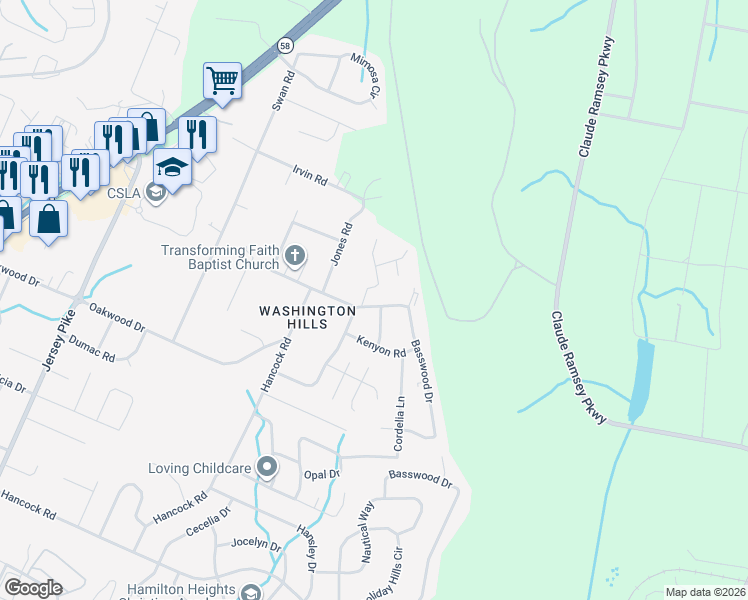 map of restaurants, bars, coffee shops, grocery stores, and more near 5507 Upshaw Drive in Chattanooga