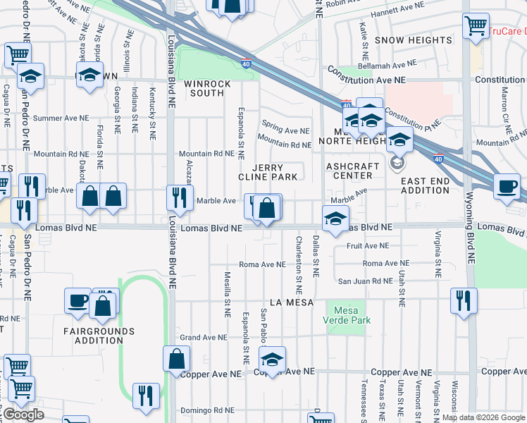 map of restaurants, bars, coffee shops, grocery stores, and more near 7601 Lomas Boulevard Northeast in Albuquerque