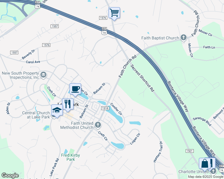 map of restaurants, bars, coffee shops, grocery stores, and more near 3917 Faith Church Road in Indian Trail