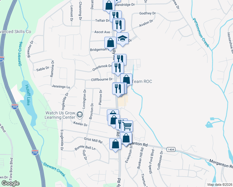 map of restaurants, bars, coffee shops, grocery stores, and more near 229 North Reilly Road in Fayetteville