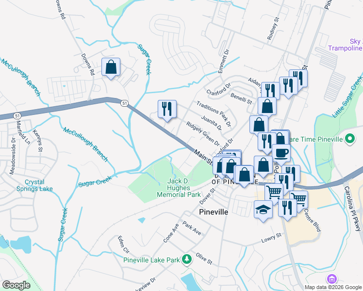 map of restaurants, bars, coffee shops, grocery stores, and more near 611 Main St in Pineville