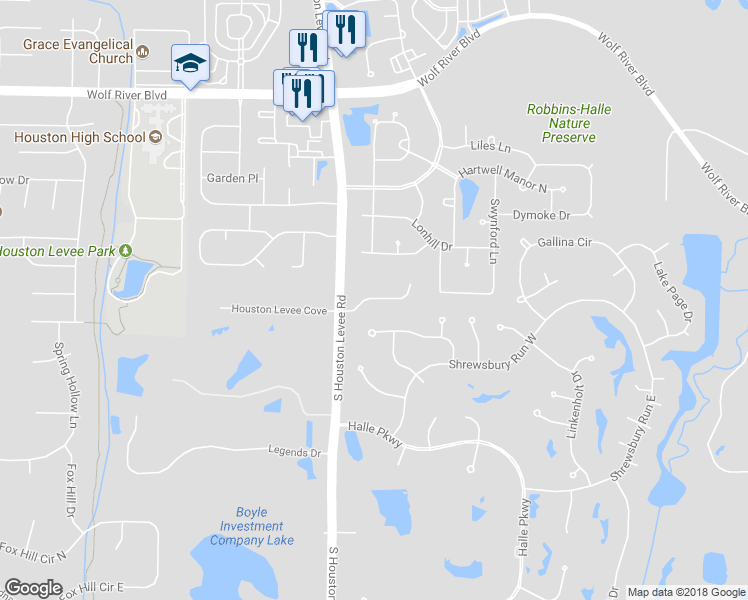 map of restaurants, bars, coffee shops, grocery stores, and more near 10019 Bushrod Cove in Collierville