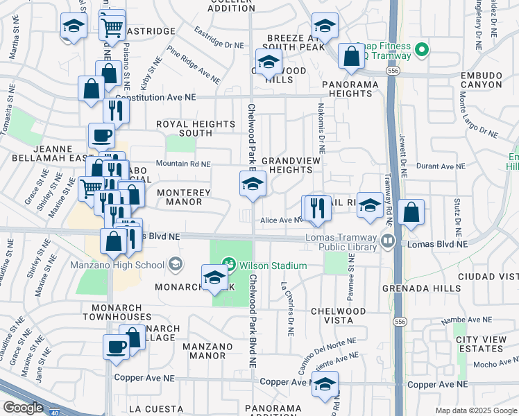 map of restaurants, bars, coffee shops, grocery stores, and more near 936 Chelwood Park Boulevard Northeast in Albuquerque