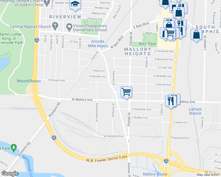 map of restaurants, bars, coffee shops, grocery stores, and more near 2177 Kansas Street in Memphis