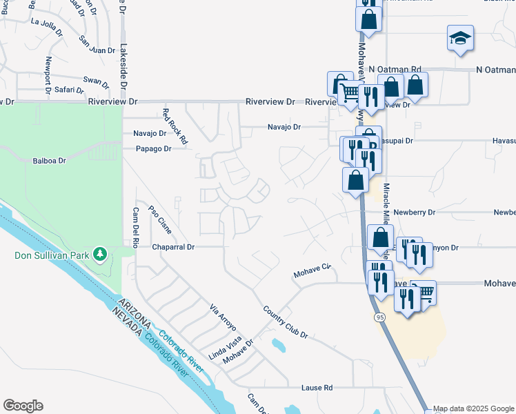 map of restaurants, bars, coffee shops, grocery stores, and more near 2414 Granite Circle in Bullhead City