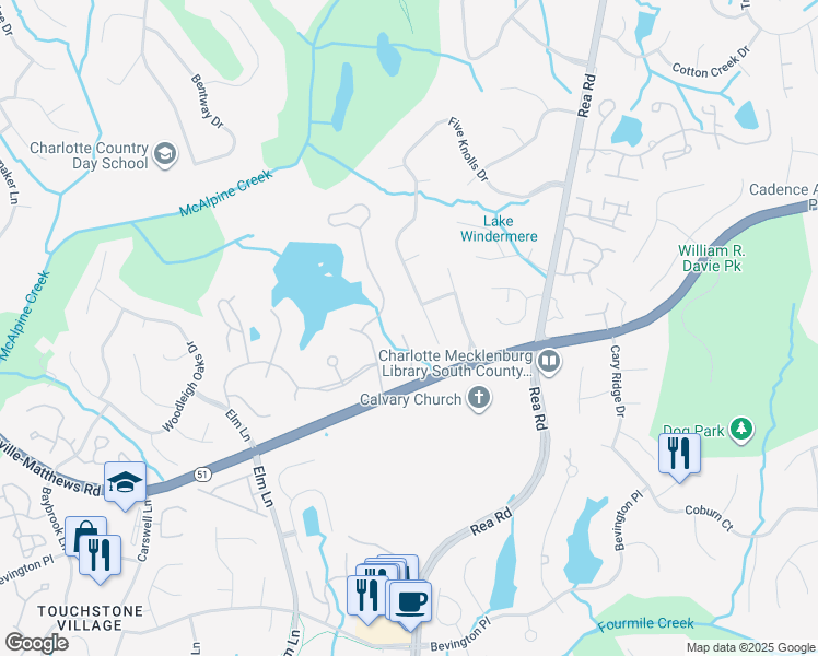 map of restaurants, bars, coffee shops, grocery stores, and more near 5515 Challis View Lane in Charlotte