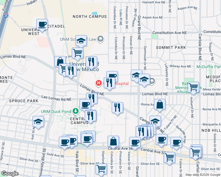 map of restaurants, bars, coffee shops, grocery stores, and more near 2211 Lomas Boulevard Northeast in Albuquerque