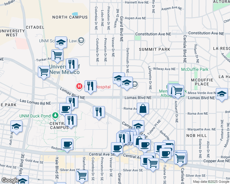 map of restaurants, bars, coffee shops, grocery stores, and more near 716 Vassar Drive Northeast in Albuquerque