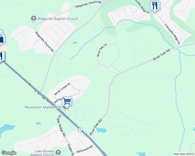 map of restaurants, bars, coffee shops, grocery stores, and more near 281 Riveroak Road in Inman