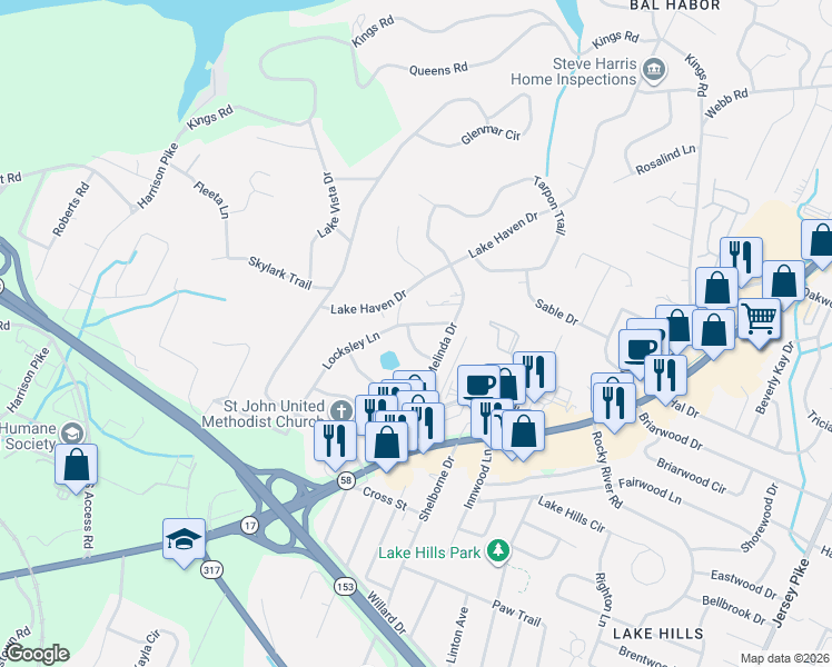 map of restaurants, bars, coffee shops, grocery stores, and more near 3601 Locksley Circle in Chattanooga