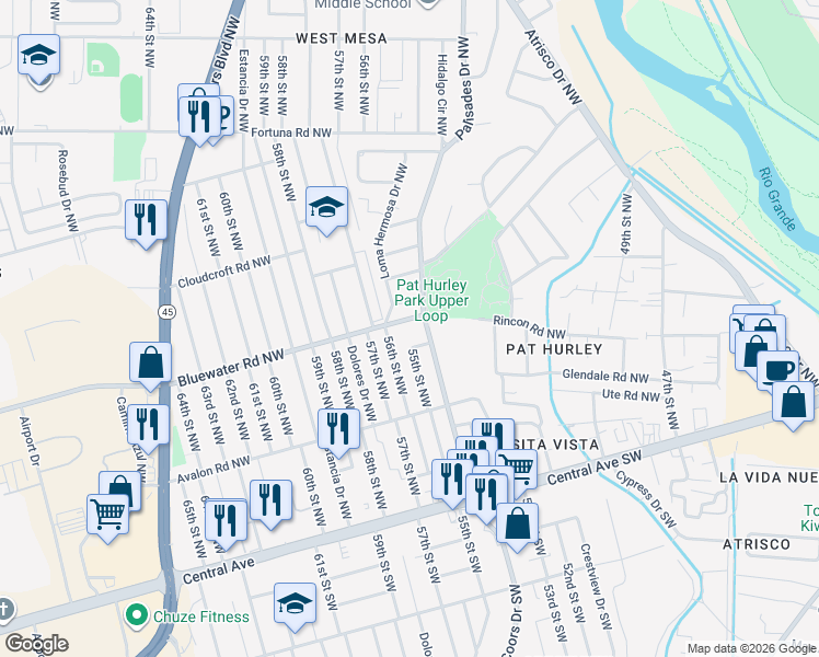 map of restaurants, bars, coffee shops, grocery stores, and more near 5500 Bluewater Road Northwest in Albuquerque
