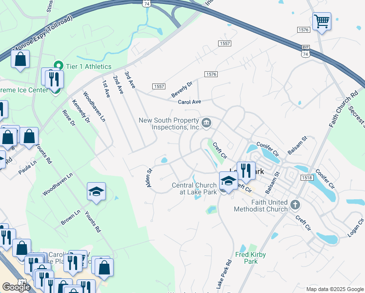 map of restaurants, bars, coffee shops, grocery stores, and more near 6604 Conifer Circle in Indian Trail