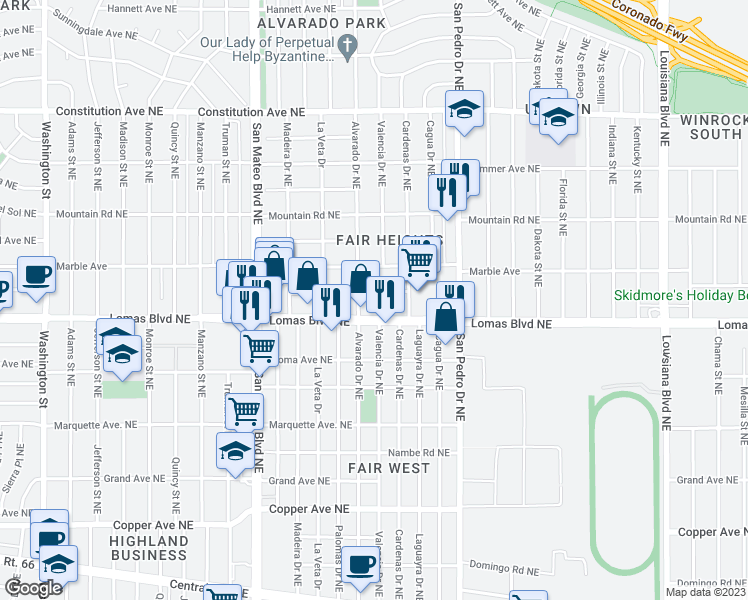 map of restaurants, bars, coffee shops, grocery stores, and more near 5600 Alice Avenue Northeast in Albuquerque