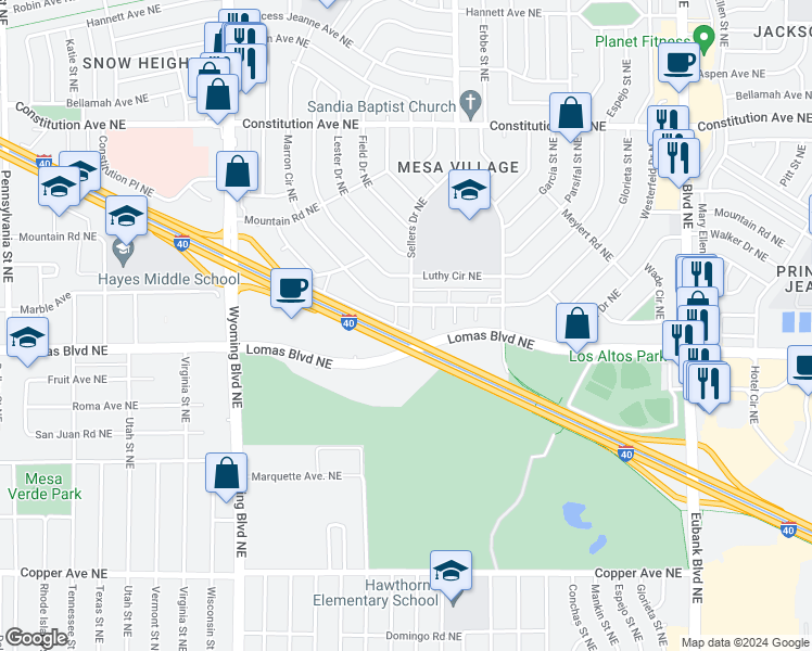 map of restaurants, bars, coffee shops, grocery stores, and more near 23 Sellers Drive Northeast in Albuquerque
