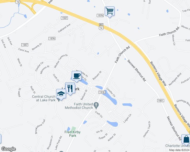 map of restaurants, bars, coffee shops, grocery stores, and more near 4013 Balsam Street in Indian Trail