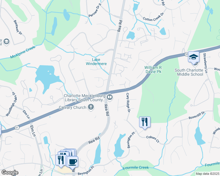 map of restaurants, bars, coffee shops, grocery stores, and more near 5623 Rea Road in Charlotte