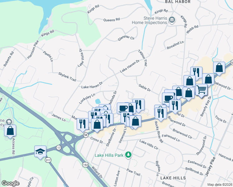 map of restaurants, bars, coffee shops, grocery stores, and more near 4108 Melinda Drive in Chattanooga