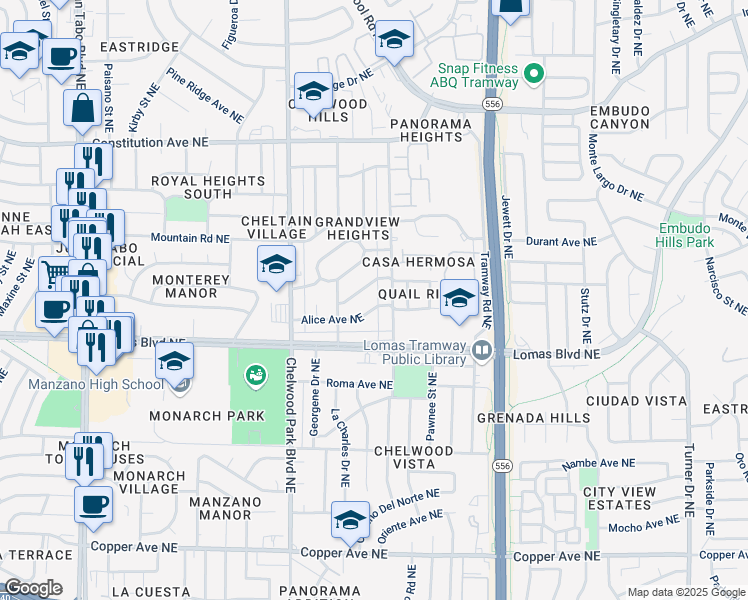 map of restaurants, bars, coffee shops, grocery stores, and more near 13013 Alice Avenue Northeast in Albuquerque