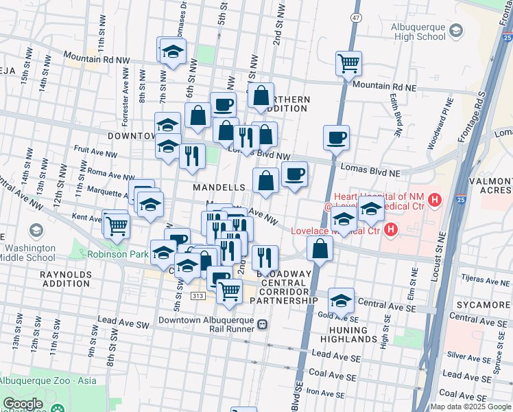 map of restaurants, bars, coffee shops, grocery stores, and more near 510 2nd Street Northwest in Albuquerque