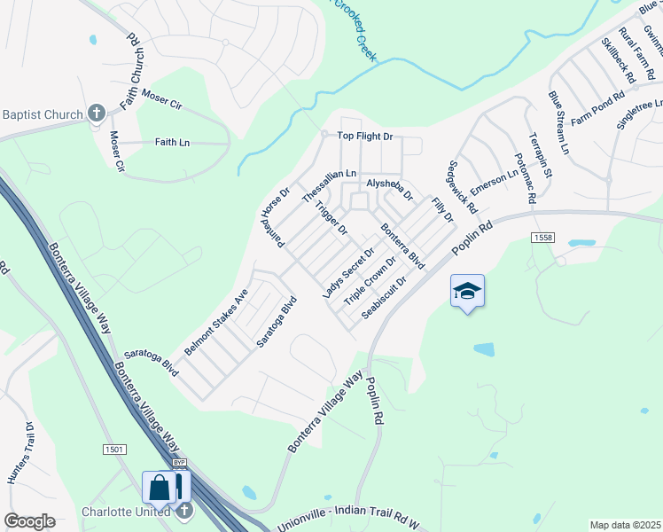 map of restaurants, bars, coffee shops, grocery stores, and more near 1026 Preakness Boulevard in Indian Trail