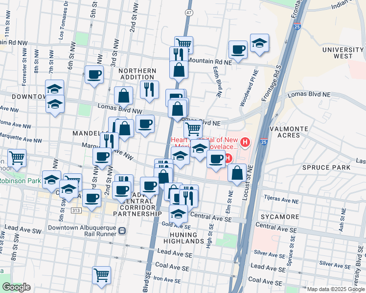 map of restaurants, bars, coffee shops, grocery stores, and more near 401 Roma Avenue Northeast in Albuquerque