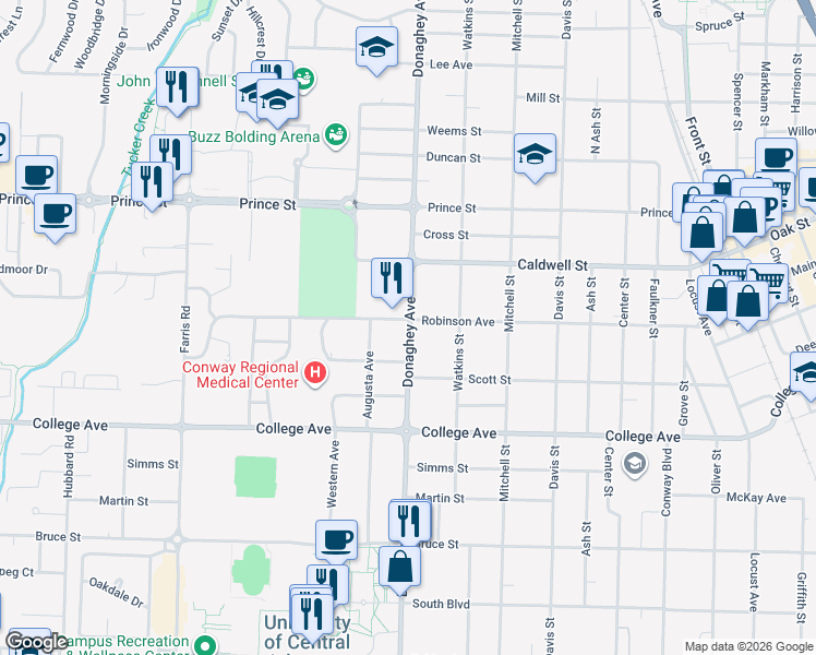 map of restaurants, bars, coffee shops, grocery stores, and more near 2051 Robinson Avenue in Conway