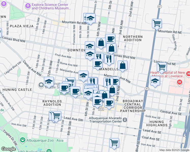 map of restaurants, bars, coffee shops, grocery stores, and more near 500 Marquette Avenue Northwest in Albuquerque